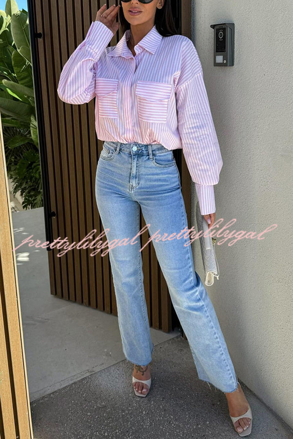 Stripe Print Lapel Long Sleeve Pocket Casual Shirt