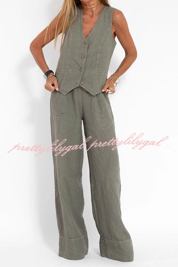 Eddie Linen Blend Button Vest and Elastic Waist Pocketed Wide Leg Pants Set