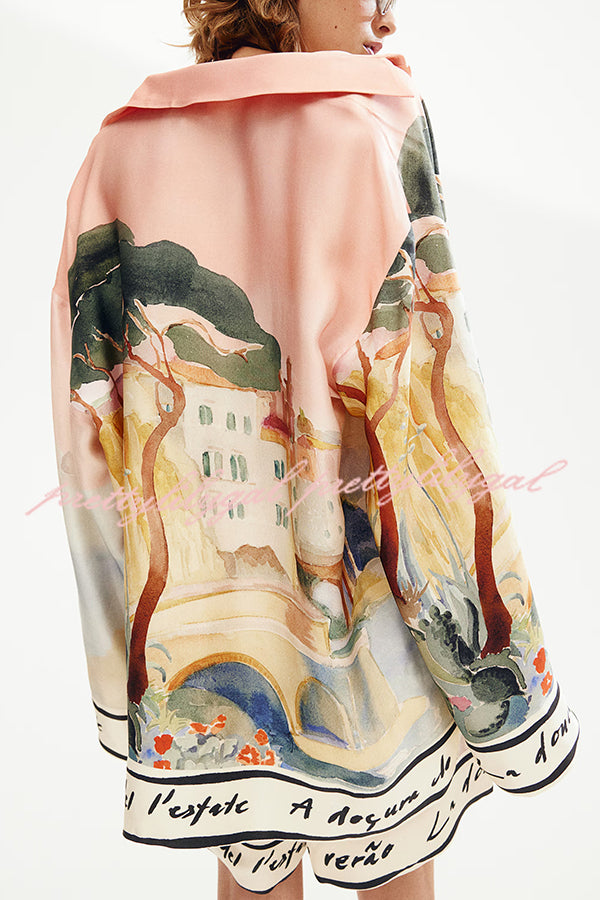Unique Print Lapel Long Sleeve Loose Shirt and Elastic Waist Casual Pocket Shorts Set