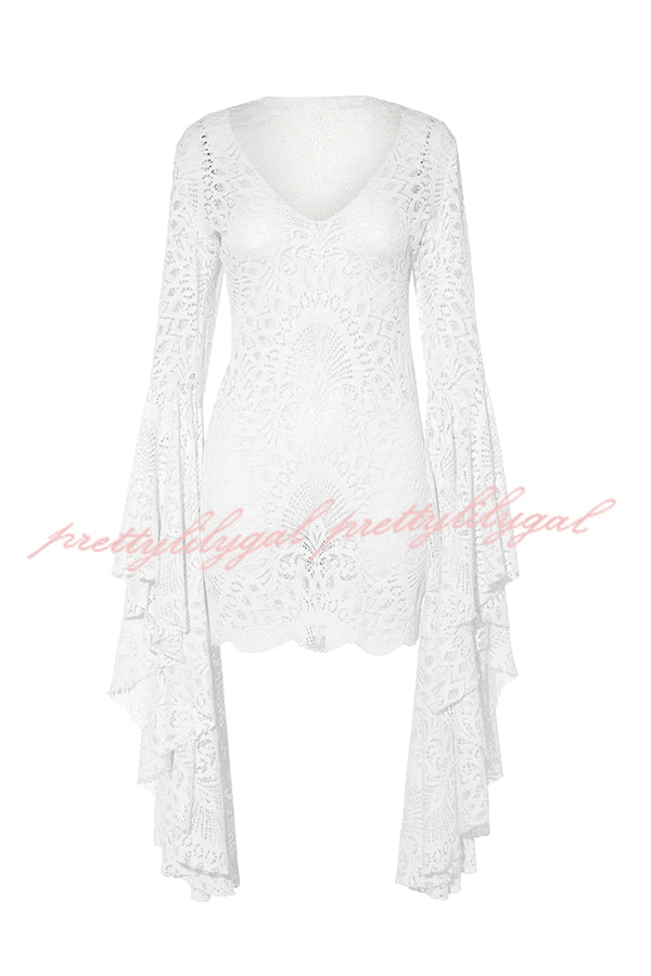 Coachella Time Unique Lace Pattern Oversized Bell Sleeve Stretch Mini Dress