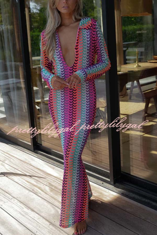 Eleanor Knit Colorful Wave Unique Print Shirt U-neck Long Sleeve Slit Maxi Dress