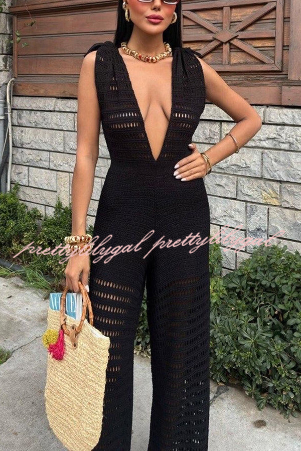 Solid Color Knitted V-neck Holiday Hollow Casual Jumpsuit