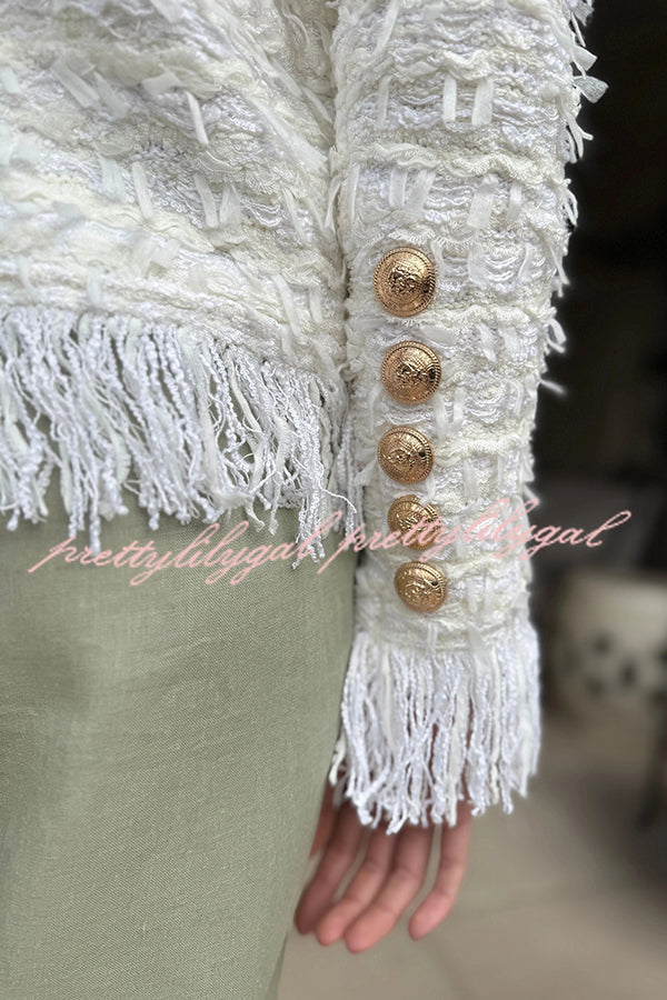 Solid Color Metal Button Long Sleeve Elegant Tassel Top