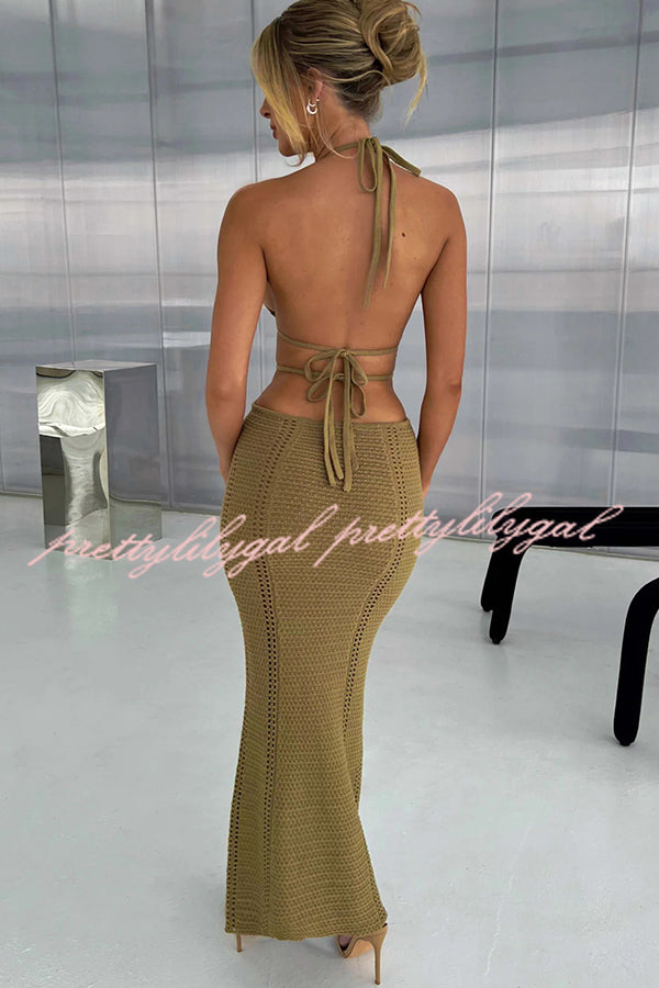 Effortlessly Cool and Sexy Knit Crochet Cutout Halter Tie-up Stretch Maxi Dress