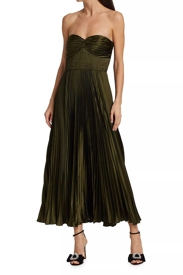 Love Note Satin Sweetheart Twist Off Shoulder Pleated Maxi Dress