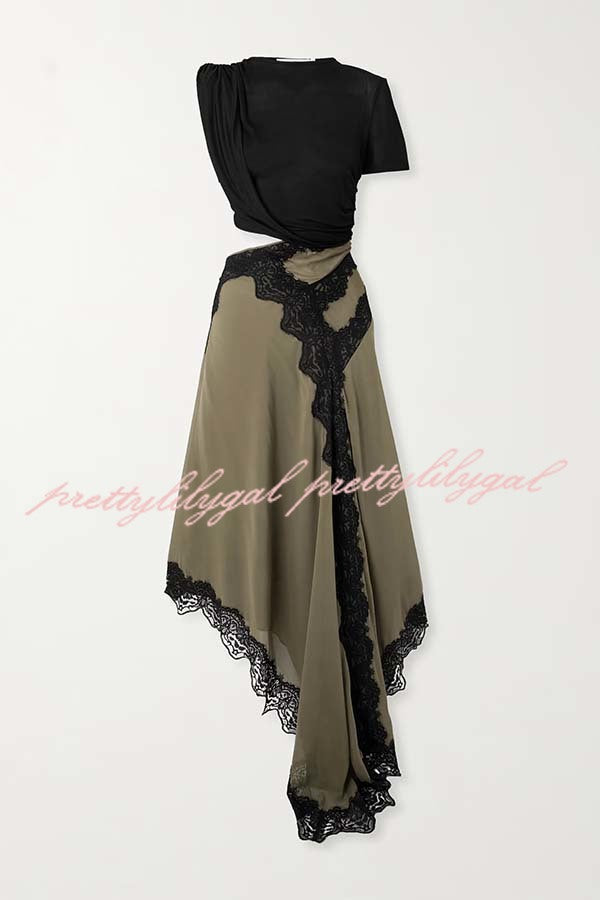 Verve Ribbed Jersey Cutout Waist Asymmetric Satin Lace Hem Maxi Dress
