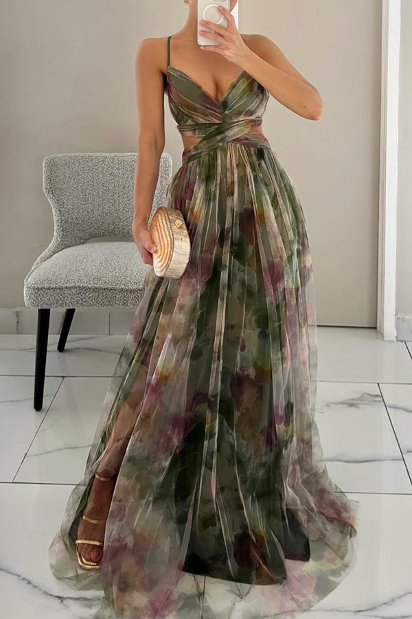 Giselle Tulle Render Floral Print Cutout Waist Back Lace-up Maxi Dress prettylilygal Giselle Tulle Render Floral Print Cutout Waist Back Lace-up Maxi Dress prettylilygal