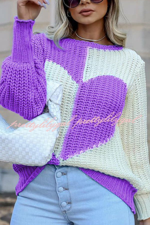 Round Neck Bell Sleeves Heart Contrast Knitted Long Sleeved Sweater