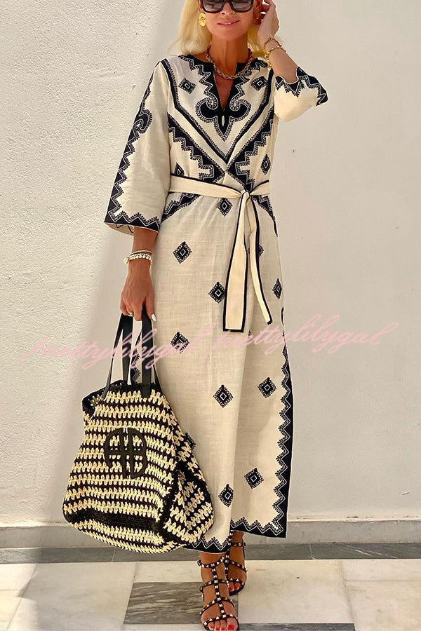 Quiet Atmosphere Linen Blend Ethnic Print Belted Midi Dress