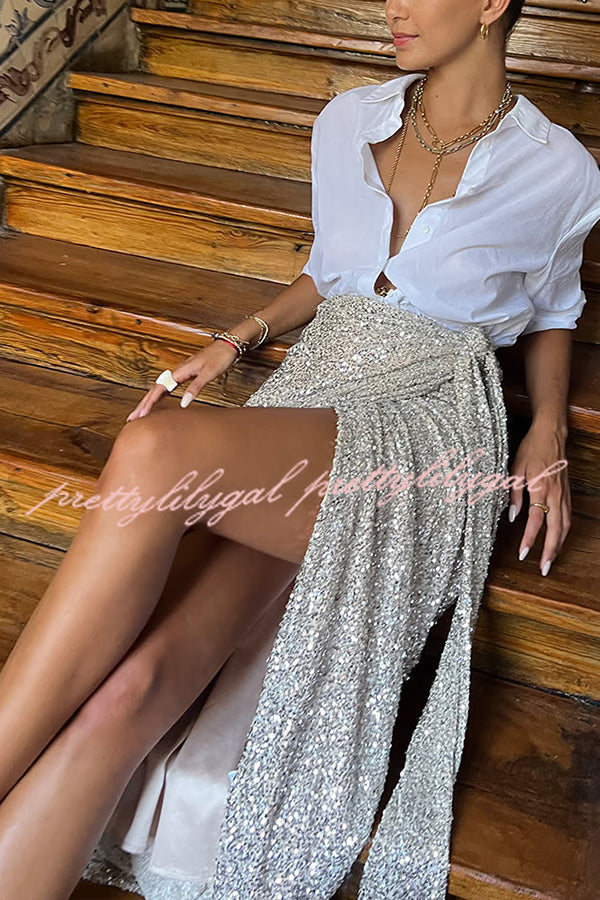 Disco Dancing Queen Sequin Wrap Tie-up Slit Midi Skirt