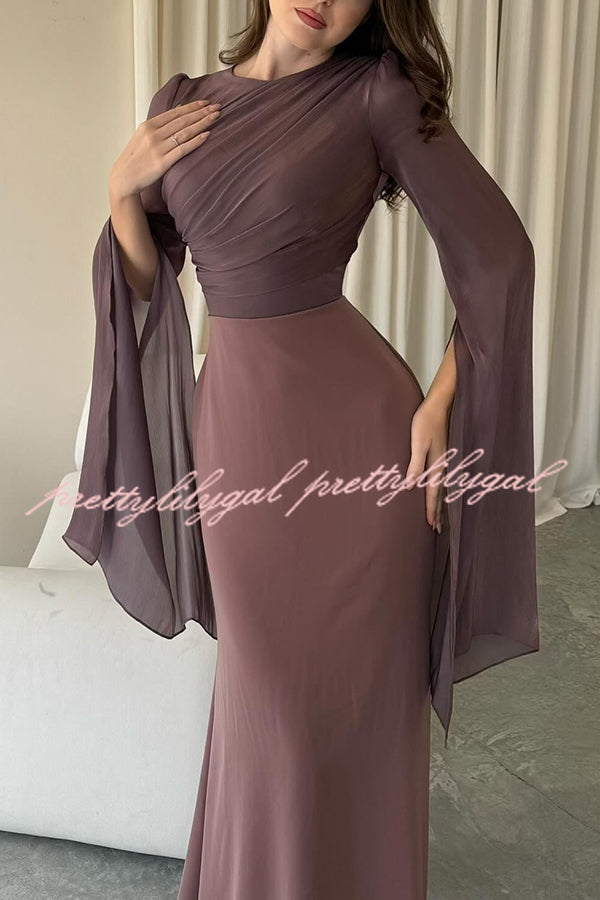 Liora Ruched Organza and Satin Patchwork Design Long Bell Slit Sleeve Maxi Dress