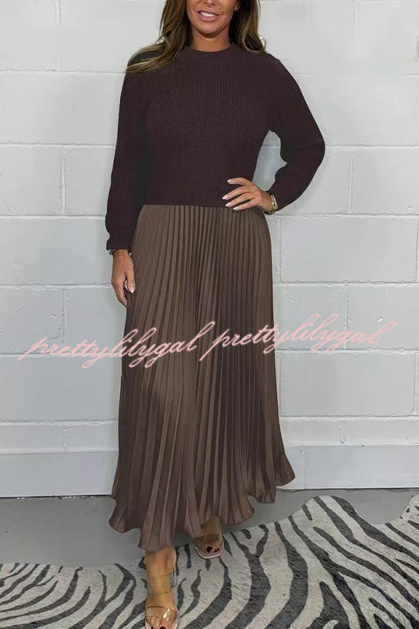 Stylish Knitted Round Neck Long Sleeve Patchwork Pleated Hem Maxi Dress