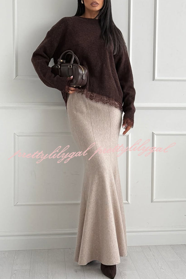 Caitlin Knit Lace Trim Patchwork Long Sleeve Back Slit Relaxed Sweater