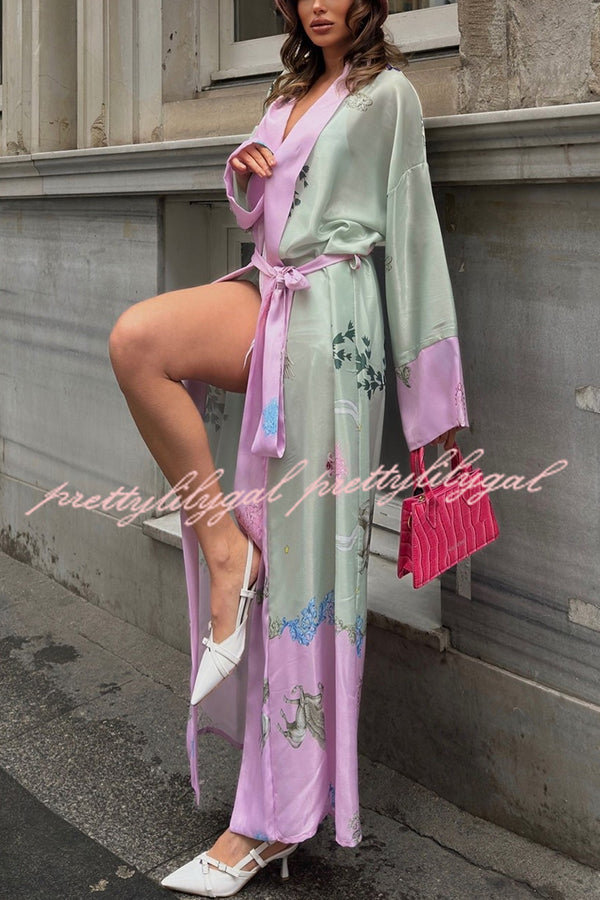 Karty Satin Unique Print Long Sleeve Belt Lapel Kimono Cover-ups