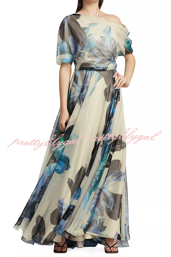 Unique Printed Bohemian Short-sleeved One-shoulder Maxi Dress