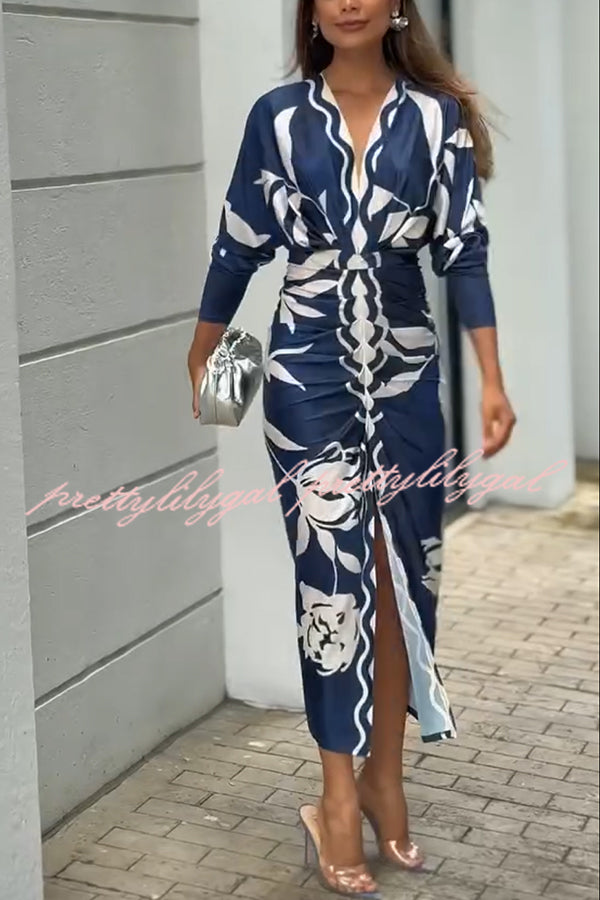 Caliana Unique Print Dolman Long Sleeve Ruched Slit Midi Dress