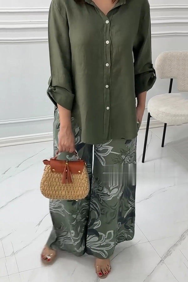 Fashion Lapel Long Sleeve Casual Shirt and Unique Print Elastic Waist Pocket Wide Leg Pants Set
