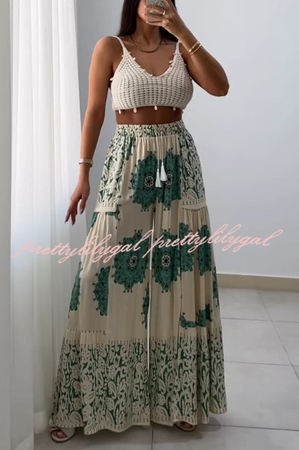 Unique Print Elastic High Waist Tie Pocket Holiday Style Wide Leg Pants