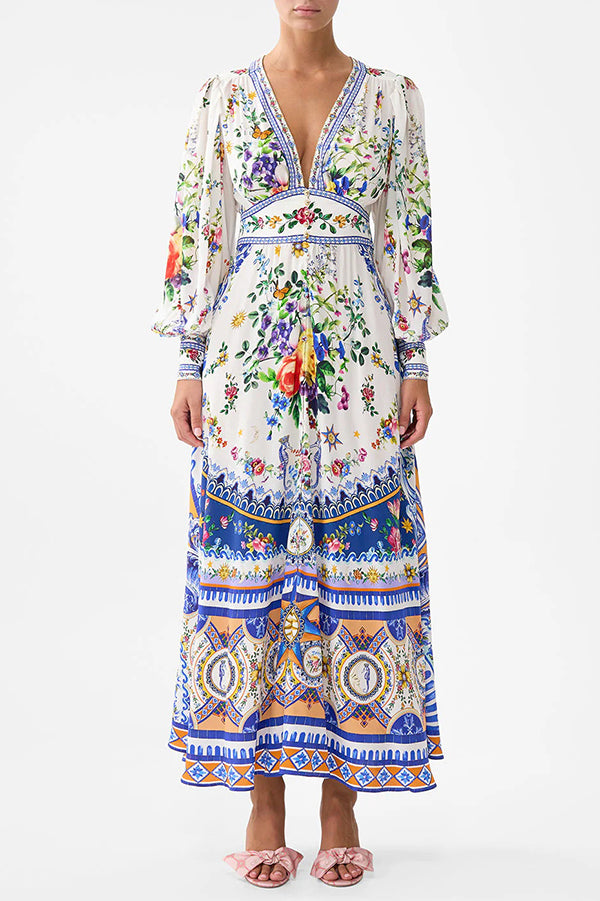 Fairy Tale Print V-Neck Lantern Sleeve Waist Maxi Dress