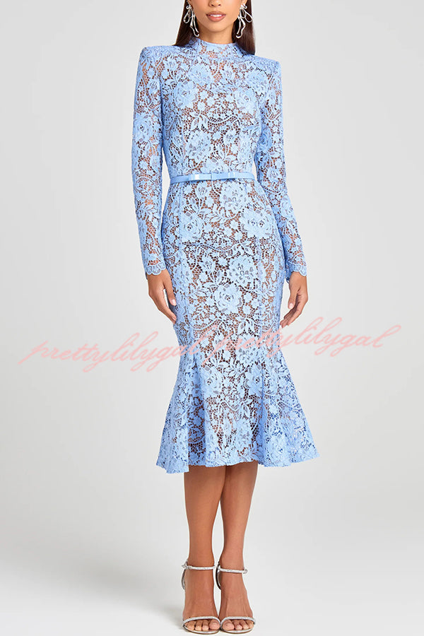 Feminine and Elegant Flower Lace Long Sleeve Bow Belted Flare Midi Dress