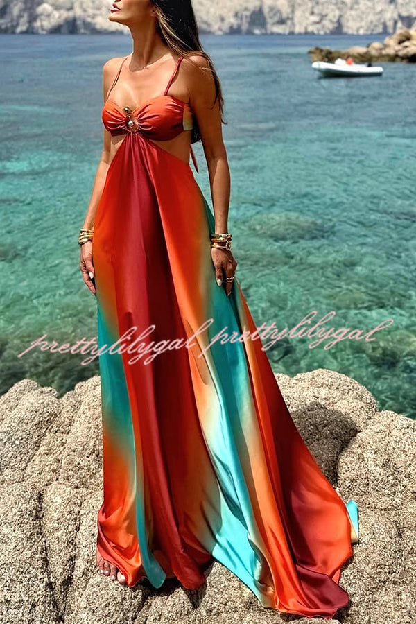 Neon Sunset Printed Metal Decoration Cutout Back Tie-up Vacation Maxi Dress