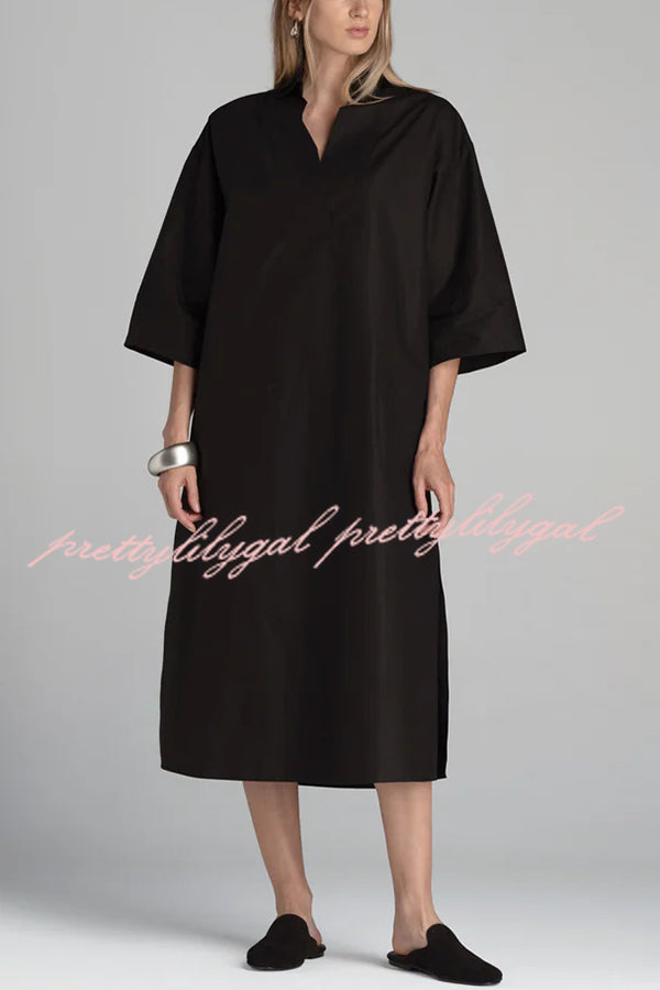 Solid Color V-neck Half-sleeve Loose Slit Midi Dress