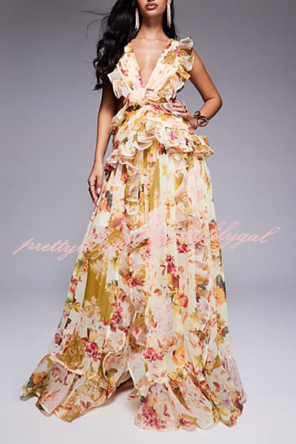 Wedding Season Chiffon Floral Ruched Plunge Open Back Maxi Dress