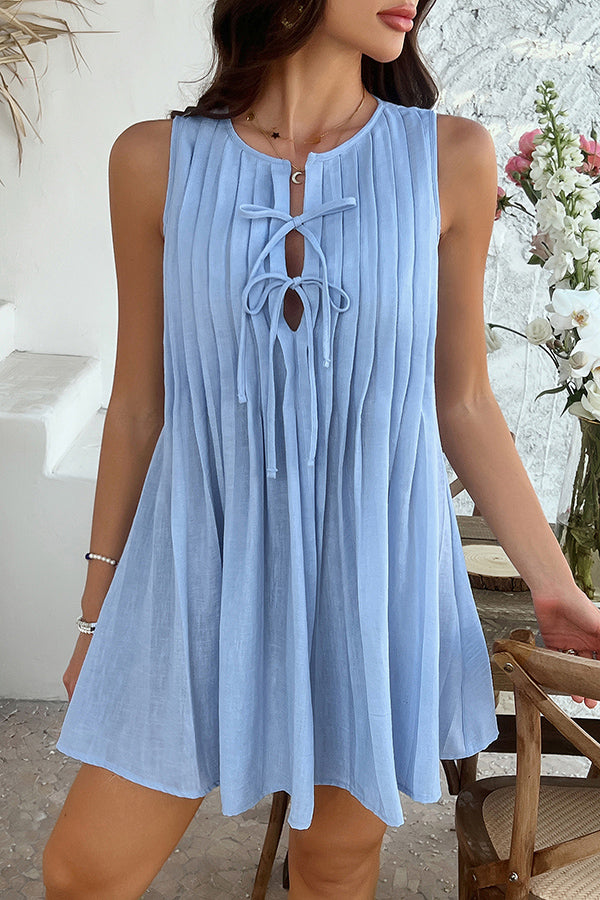 Solid Color Sleeveless Tie Pleated Casual Mini Dress