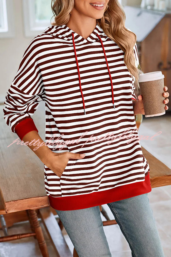 Striped Print Long Sleeve Pocket Loose Hoodie