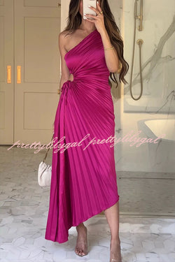 Glam Vibes Satin One Shoulder Side Cutout Pleated Maxi Dress