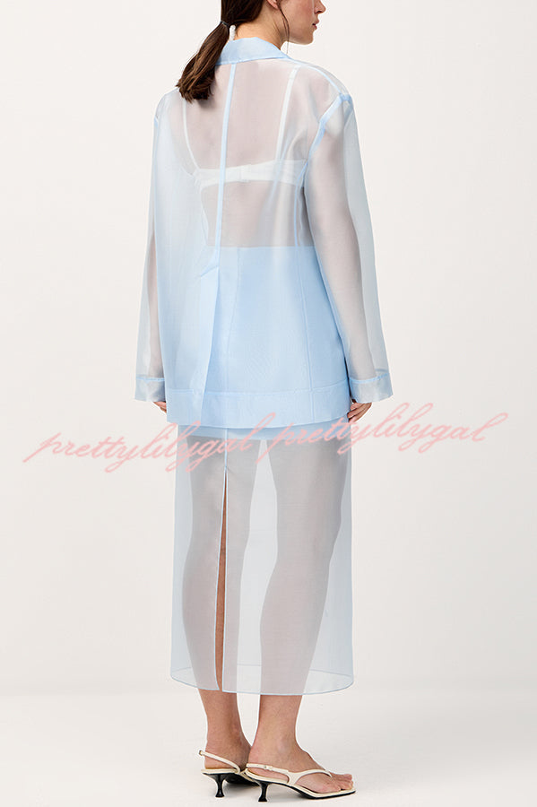 Simple and Light See-through Fabric Mid Rise Pencil Slit Midi Skirt