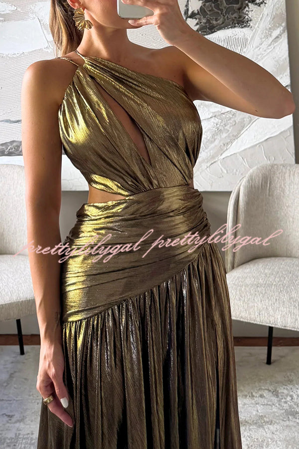 Shine Bright Metallic Fabric One Shoulder Cutout Back Lace-up Slit Maxi Dress