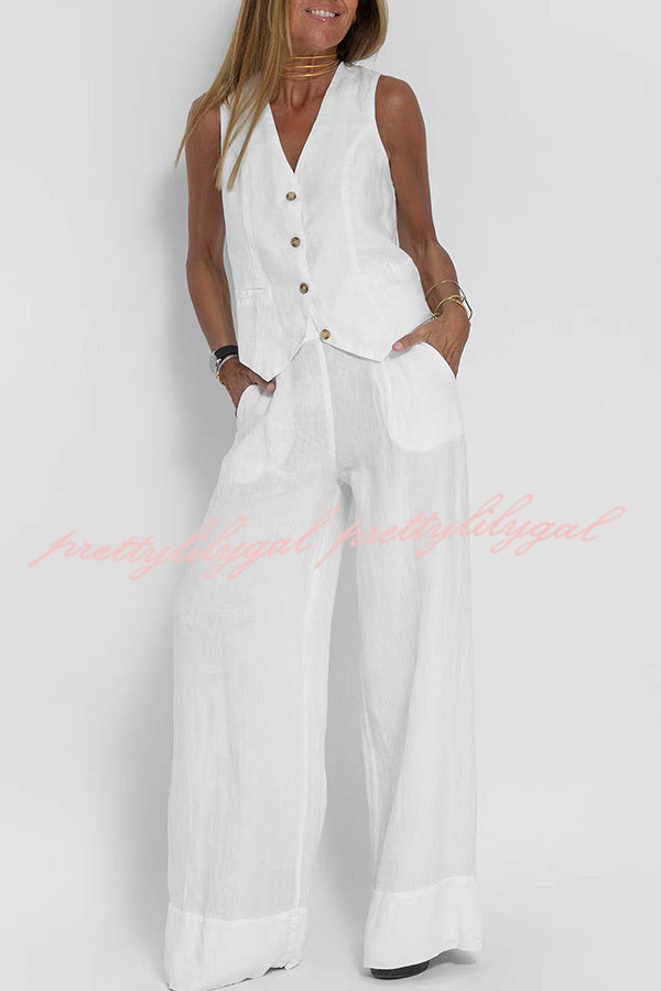 Eddie Linen Blend Button Vest and Elastic Waist Pocketed Wide Leg Pants Set