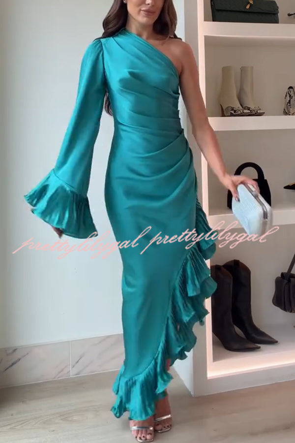 Elegant Satin One Shoulder Sleeve Pleated Ruffles Trim Ruched Asymmetrical Maxi Dress