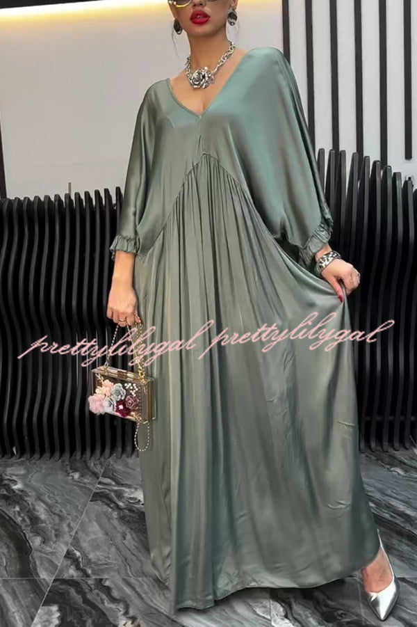 Satin Solid Color V-neck Lotus Leaf Sleeve Loose Pleated Maxi Dress