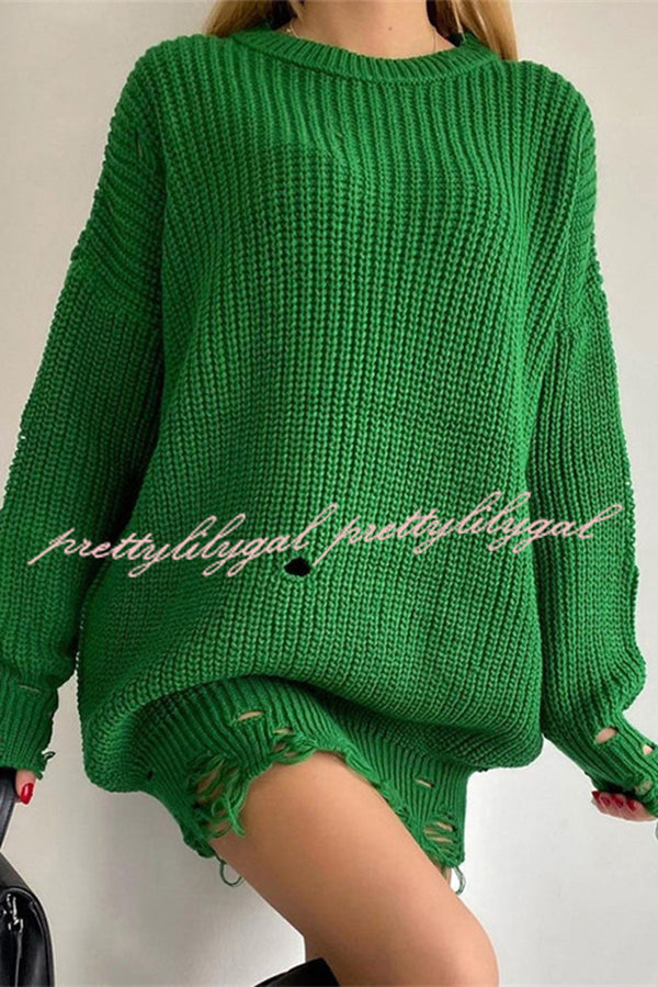 Solid Color Loose Ripped Knitted Mid-length Sweater