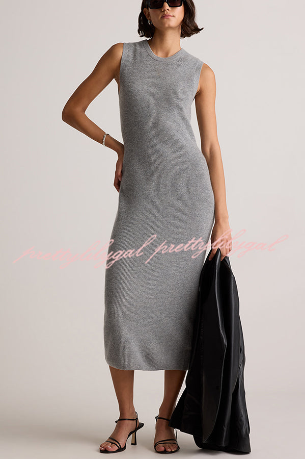 Soft and Warm Cashmere Ribbed Knit Sleeveless Midi Sweater Dress