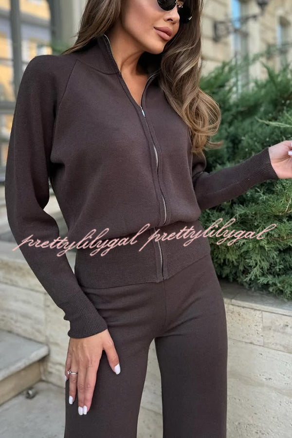 Cozycore Knit Zipper Long Sleeve Cardigan and Stretch Wide Leg Pants Set