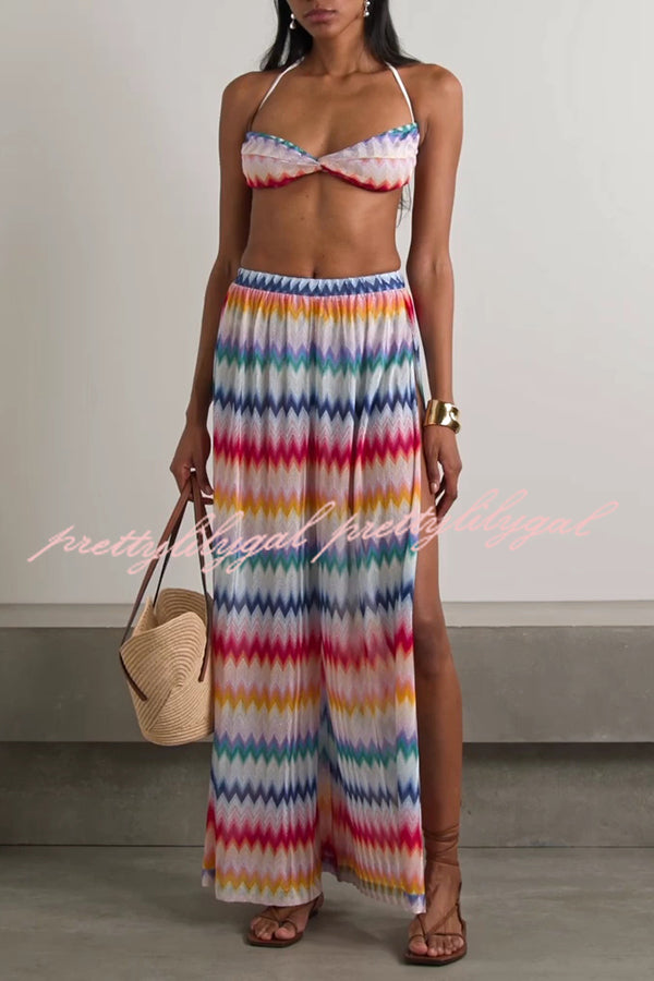 Colorful Zigzag Pattern Halter Neck Stretch Bikini and Elastic Waist Slit PantsThree-Piece Set