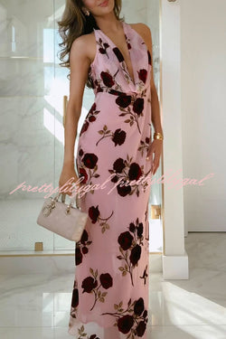 Rose Secret Printed Cowl Neck Halter Backless Maxi Dress