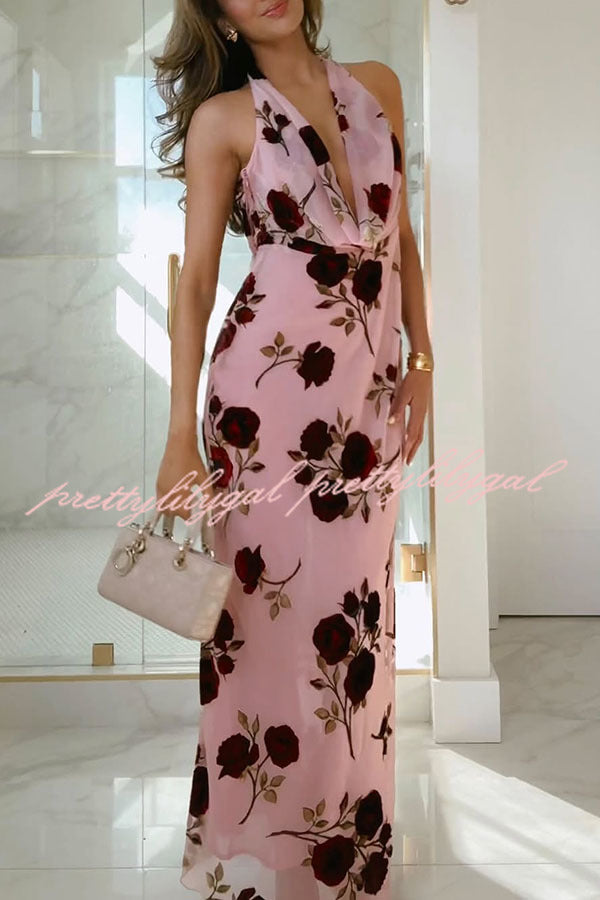 Rose Secret Printed Cowl Neck Halter Backless Maxi Dress