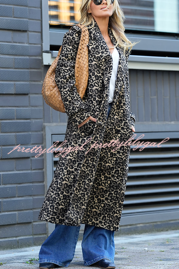 Leopard Affair Animal Print Epaulettes Long Sleeve Pocketed Lapel Midi Trench Coat
