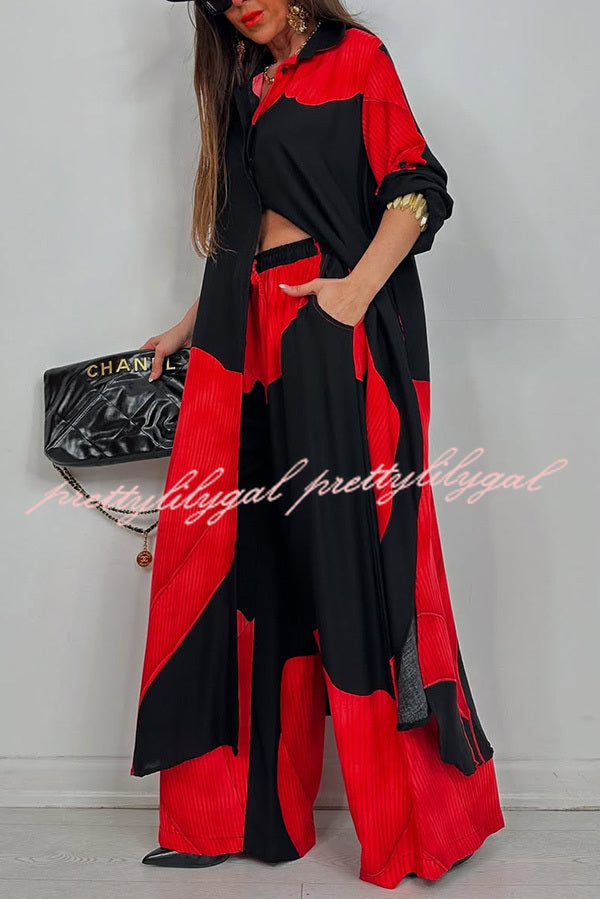 Unique Printed Casual Loose Long Shirt and Elastic Waist Pocket Wide Leg Pants Set