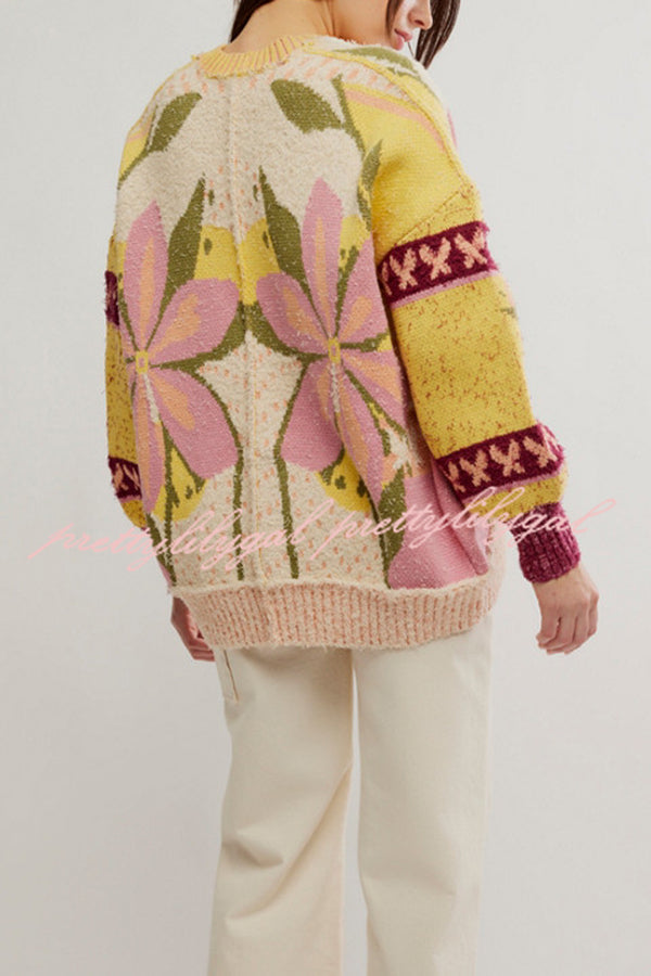 Floral Pattern Loose Long-sleeved Knitted Cardigan