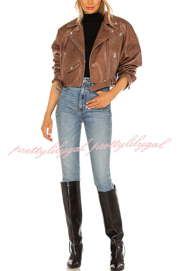 Fashion Lapel Long Sleeve Casual Zipper Pocket Leather Jacket