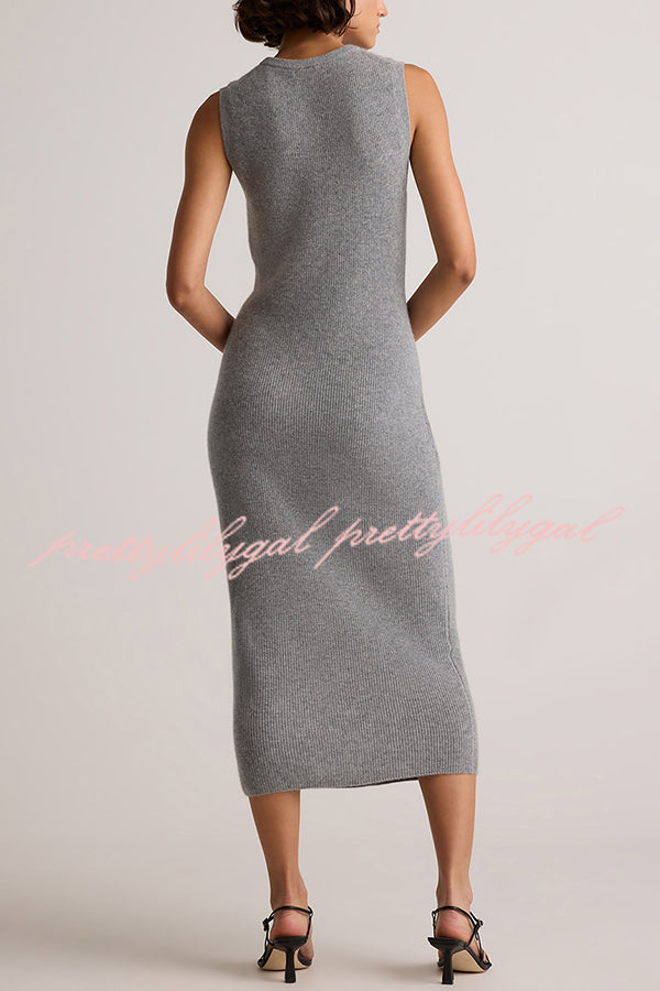 Soft and Warm Cashmere Ribbed Knit Sleeveless Midi Sweater Dress