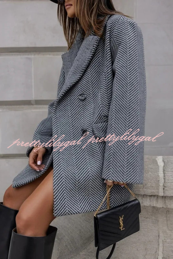 Fashion Stripe Print Lapel Pocket Coat