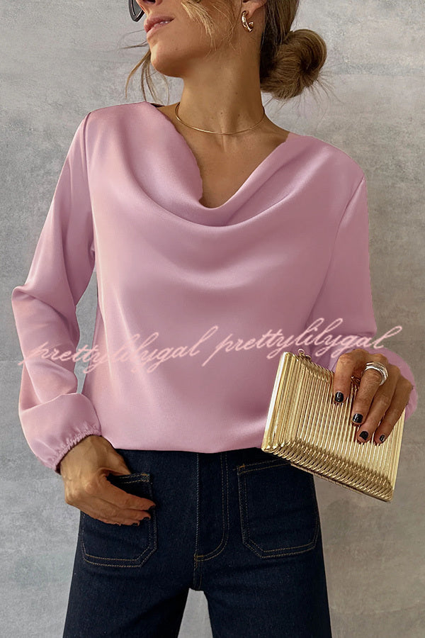 Simple and Beautiful Satin Cowl Drape Neck Long Sleeved Shirt