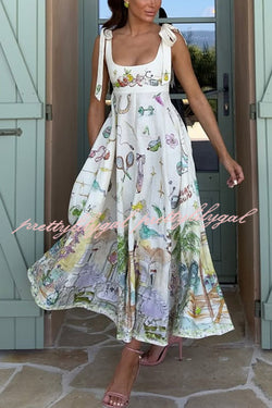 Euro Summer View Linen Blend Unique Print Tie-up Straps Pocket Midi Dress