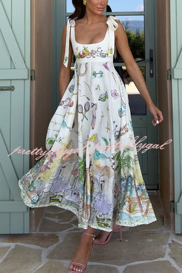 Euro Summer View Linen Blend Unique Print Tie-up Straps Pocket Midi Dress